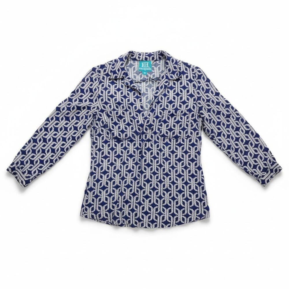 Escapada Tunic Blouse, Women's Medium Navy/White Nautical Chainlink Pattern